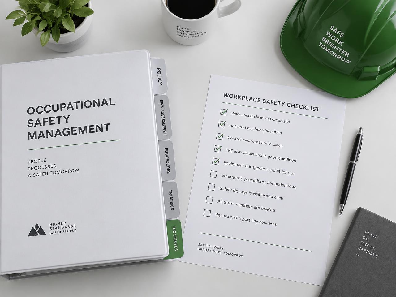 Manual de gestão de segurança do trabalho, checklist impresso e capacete sobre uma mesa organizada